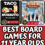 Collage of the best board games for 11-year-olds, featuring Taco vs Burrito, Catan, Herd Mentality, King of Tokyo, and Harry Potter Trivial Pursuit.