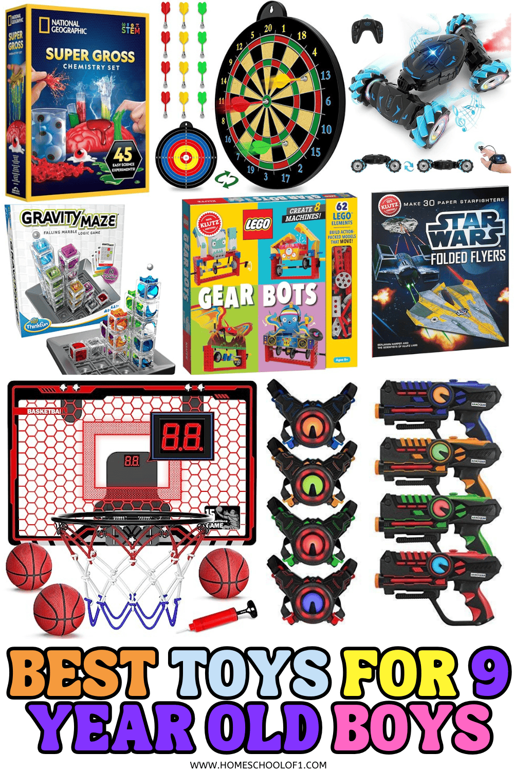 Best toys for 9 year old boys including LEGO, dartboard, laser tag, basketball hoop, and STEM sets for learning through play.

