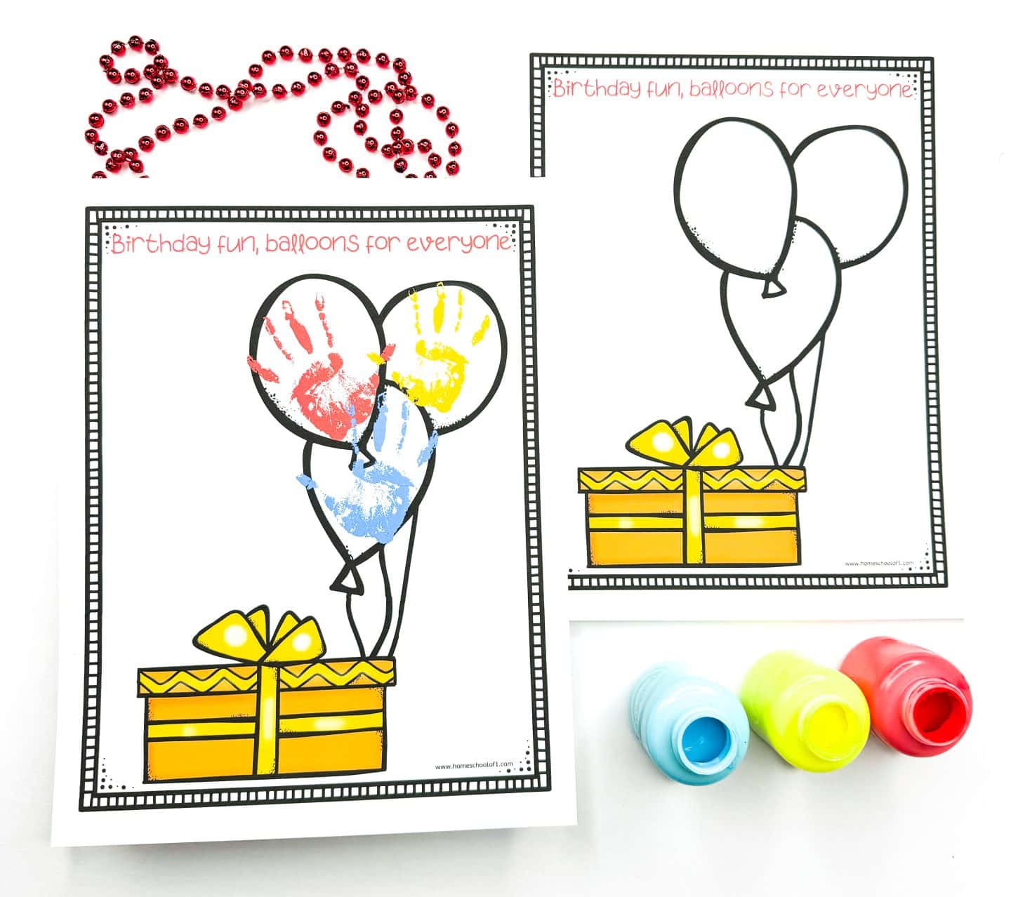 Bright and cheerful birthday handprint printables featuring three balloons above a yellow gift box with the phrase “Birthday fun, balloons for everyone.” One sheet includes red, yellow, and blue handprints stamped inside each balloon shape, while the second is blank for kids to add their own. Red beads and matching paint bottles add a fun and colorful craft vibe.