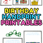 Six colorful birthday handprint art templates for kids featuring gifts, balloons, cupcakes, and party hats.