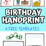 Free birthday handprint printables with six themed templates for kids including presents, cupcakes, and balloons.