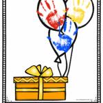 Balloon-themed birthday handprint printable with red, yellow, and blue handprints above a yellow gift box.