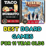 Board games for 11 year olds like Taco vs Burrito, Herd Mentality, Catan, Trekking the World, King of Tokyo, and Harry Potter Trivial Pursuit.