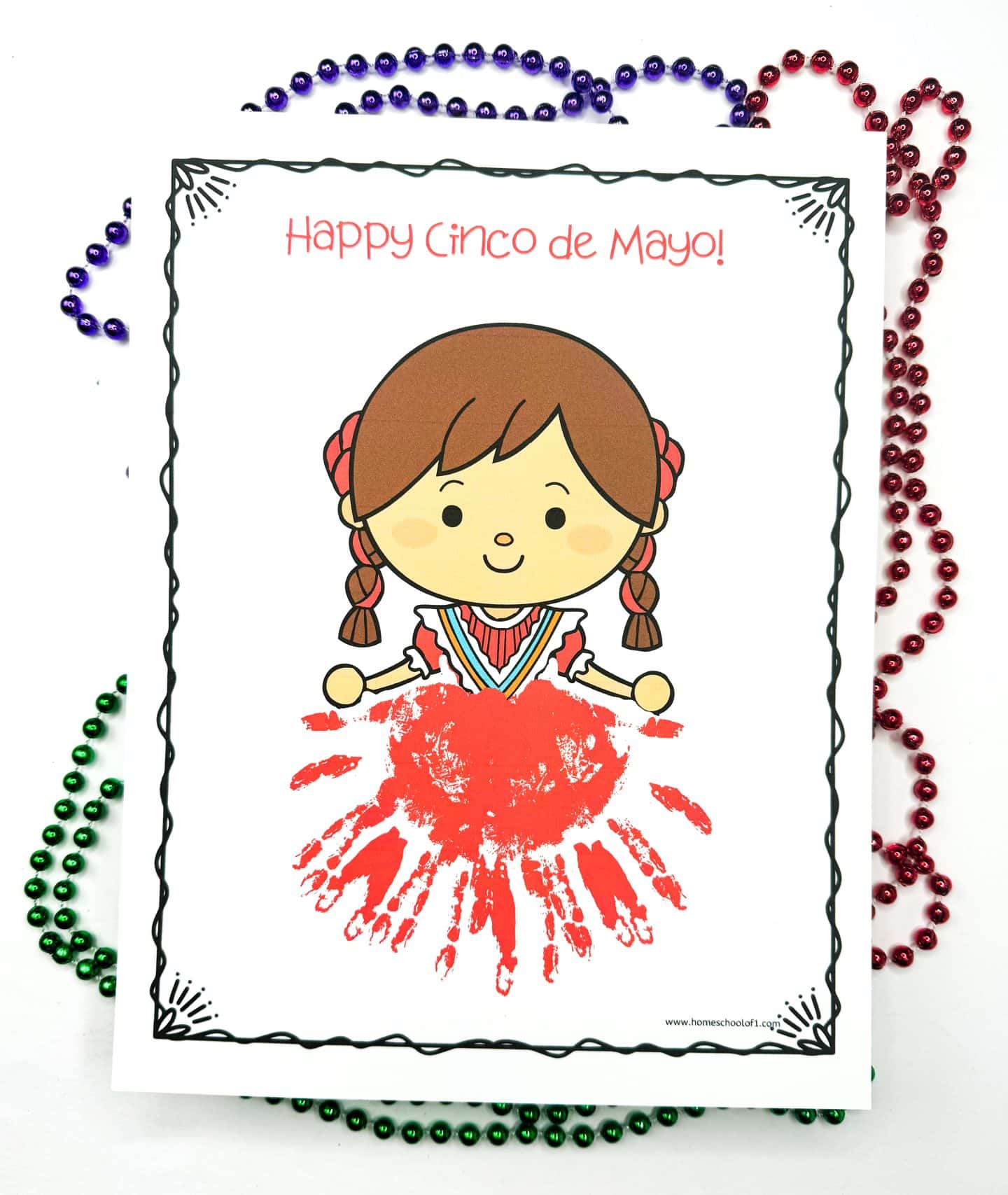  A lively handprint art depiction of a girl dancing in traditional Mexican attire, with the text "Let's dance!" celebrating the joy of Cinco de Mayo festivities.