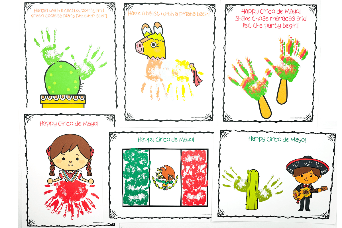 A vibrant collection of handprint art crafts celebrating Cinco de Mayo, with children's handprints turned into a cactus, piñata, and maracas. Each artwork is coupled with a fun phrase such as 'Have a blast with a piñata bash!' and 'Shake those maracas and let the party begin!', capturing the spirited essence of the holiday in a kid-friendly manner.
