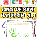 A colorful set of Cinco de Mayo-themed handprint art pieces, each featuring a festive message. Handprints are cleverly used to create illustrations of a cactus, piñata, maracas, a girl in traditional dress, the Mexican flag, and a guitarist, providing a playful and hands-on way to engage children with the holiday's cultural elements.
