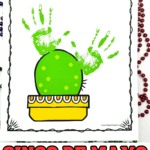 Cinco de Mayo kids' handprint craft featuring a green cactus in a yellow pot with two green-painted handprints as arms. Above it, text reads: “Hangin’ with a cactus, pointy and green, coolest plant I’ve ever seen!”