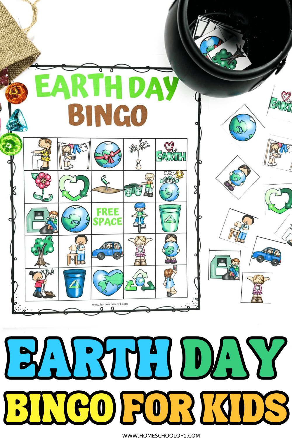 Earth Day bingo printable for kids with eco-themed images and calling cards