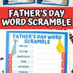 A promotional graphic showing two copies of the Father’s Day word scramble printable over a red banner that says “Father’s Day Word Scramble.” The layout emphasizes the printables, each filled with scrambled words and Father’s Day visuals like caps, neckties, and a “Happy Father’s Day” message in gold at the bottom corner.