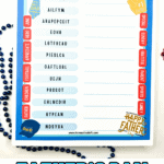 Close-up of a single Father’s Day word scramble printable with a blue border, titled “Father’s Day Word Scramble.” Includes 12 scrambled words and red vertical tabs listing hint words like “CHILDREN,” “PARENT,” and “GRATEFUL.” The design features festive Father’s Day elements like a yellow foam finger with “#1 Dad” and a tie that reads “The Best Dad Ever!”