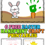 Easter handprint craft printable featuring bunny, chick, carrot, rainbow, and unicorn templates made with painted childrenโs handprints