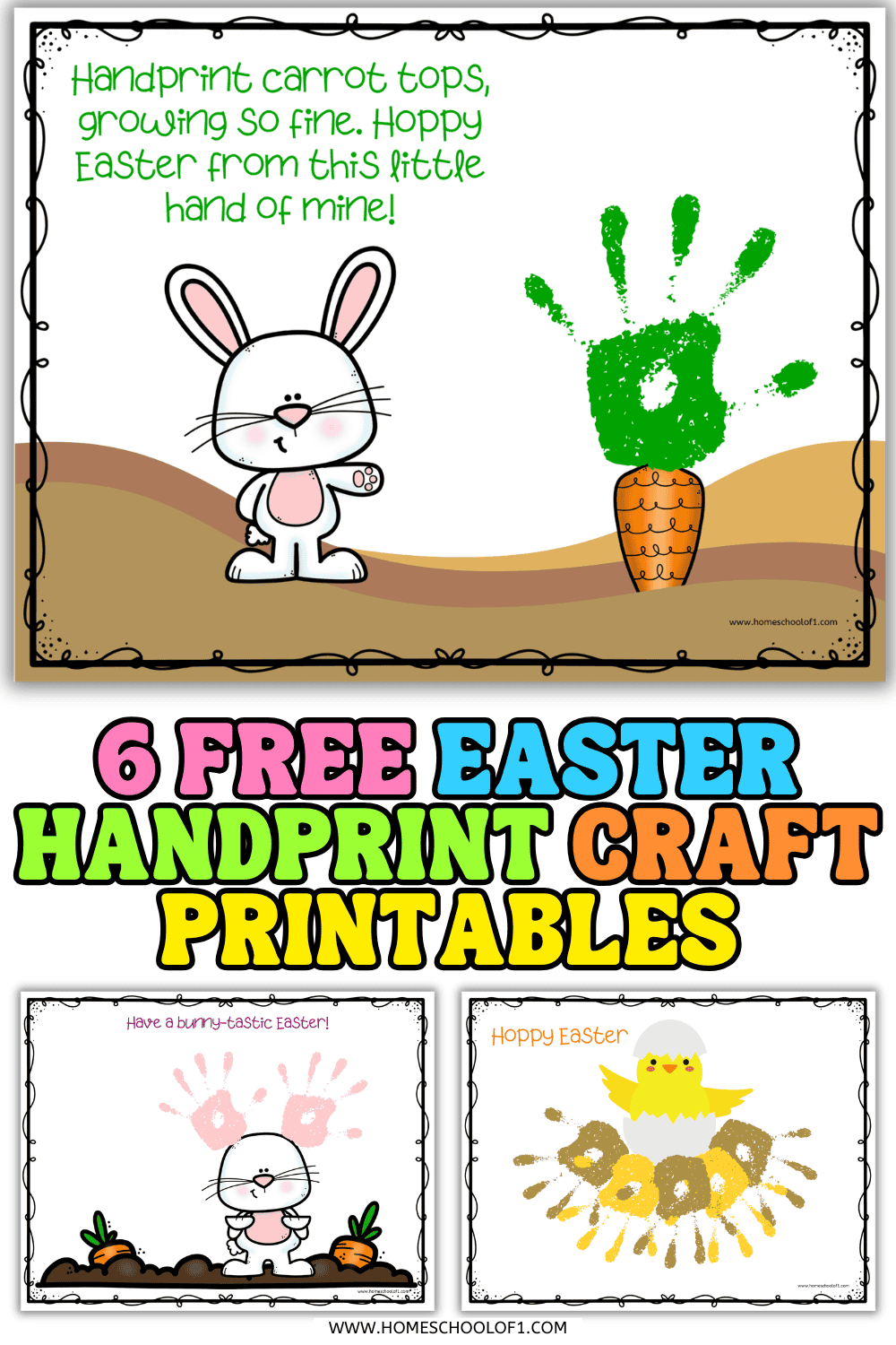Easter handprint craft printable collage showing bunny, chick, and carrot designs made with painted childrenโs handprints