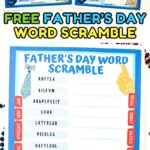 Two colorful printable Father’s Day word scramble sheets laid out side by side, each featuring 12 scrambled words to unscramble with answer spaces. Words include “RHFTEA” and “PIESLCA,” and hint words like “HERO,” “FAMILY,” and “SPORTS” are listed on the sides. Title reads “Father’s Day Word Scramble” with playful Father’s Day-themed graphics like a necktie and foam finger.