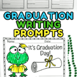 A set of six "It's Graduation Day!" writing prompt worksheets featuring cute cartoon animals dressed in colorful graduation caps and gowns. Each worksheet asks kids to fill in answers for "When I grow up I want to be," "My best friend is," and "My favorite toy is." Each animal is uniquely colored, including a dog, bear, pig, and frog.