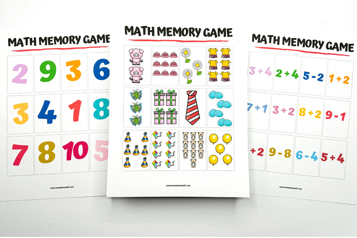 Three colorful printable math memory game sheets for kids, each titled “Math Memory Game.” One sheet displays bold numbers, another features images of objects like pigs, ties, and balloons, and the third shows simple addition and subtraction problems. Designed for fun, hands-on math practice.