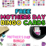 Colorful printable Mother's Day bingo cards featuring icons like cupcakes, hearts, flowers, coffee mugs, presents, and text like "Best Mom Ever" and "Love You Mom." Includes six bingo sheets and a calling card sheet with a bold, colorful title reading “FREE MOTHERS DAY BINGO CARDS.”