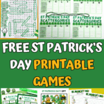 Free St. Patrick’s Day printable games for kids including word search, I Spy, emoji game, charades, word scramble, and scattergories worksheets.