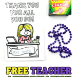 A colored-in printable teacher appreciation card with the message "THANK YOU FOR ALL YOU DO!" and a cartoon of a smiling female teacher at a desk labeled "Mrs. Smith," shown next to a box of Crayola crayons and a strand of purple beads.