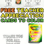 Black-and-white printable teacher appreciation cards featuring cartoon teachers with the words "THANK YOU" or "THANK YOU FOR ALL YOU DO" above each. A box of Crayola crayons is placed in the center, intended for coloring the cards.