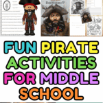 Printable pirate activities for middle school including name game, escape room, unit study, crafts, and nonfiction book picks.