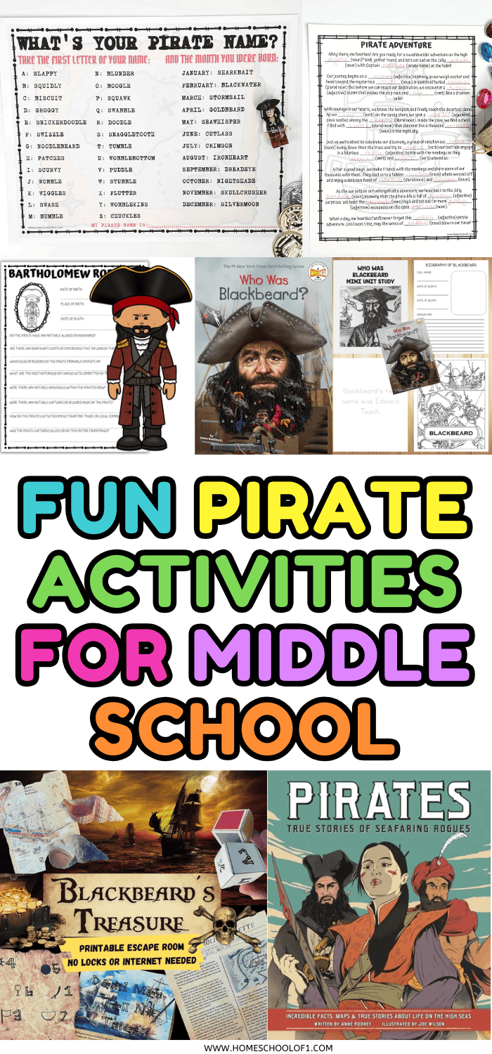 Printable pirate activities for middle school including name game, escape room, unit study, crafts, and nonfiction book picks.