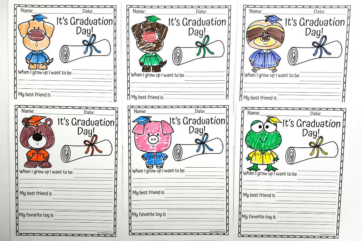 A set of six colorful, hand-colored graduation worksheets with various cute animals donned in graduation attire. Each sheet includes prompts for the child's future ambitions, current friendships, and toy preferences, offering a fun and engaging way for kids to express their dreams and memories on graduation day.