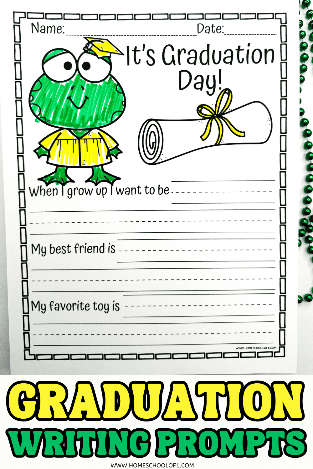 Close-up of a single "It's Graduation Day!" worksheet showing a green cartoon frog in a yellow graduation gown and cap. The worksheet prompts kids to write about what they want to be when they grow up, their best friend, and their favorite toy.