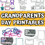Vertical collage of Grandparents Day printables including all about grandma, all about granddad, and creative handprint crafts.