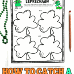 How to catch a leprechaun worksheet with four shamrock writing boxes labeled first, next, then, and last, plus leprechaun illustrations and green beads