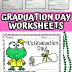 A colorful display labeled "Graduation Day Worksheets" showing the six animal-themed writing prompts at the top and a larger close-up of the frog-themed worksheet at the bottom. Green beads are used as decoration alongside the sheet.