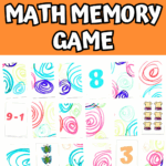 Fun and educational math memory game printable with bright colors, numbers, object groups, and basic addition for kids.