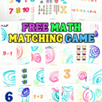 Free printable math memory game featuring colorful number cards, counting objects, and simple addition equations for kids.