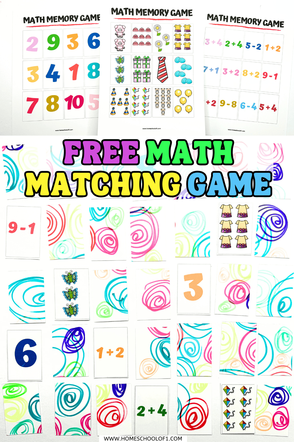 Free printable math memory game featuring colorful number cards, counting objects, and simple addition equations for kids.

