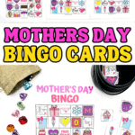 Three printable Mother's Day bingo cards and one calling card sheet laid out on a white background with large text reading “MOTHERS DAY BINGO CARDS.” Gems, a burlap pouch, and a headphone set with calling cards are used as playful props around the printouts.