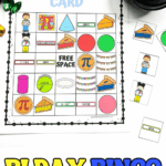 Pi Day bingo card printable with math symbols, pie slices, circles, Pi symbol, area and circumference vocabulary in a colorful classroom game layout