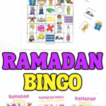 Printable Ramadan bingo game with colorful picture cards showing lanterns, crescent moon, mosque, prayer, gifts, and family scenes