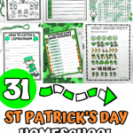 St. Patrick’s Day homeschool activities featuring life cycle of a leprechaun, writing prompts, word search, word scramble, and pattern recognition games.