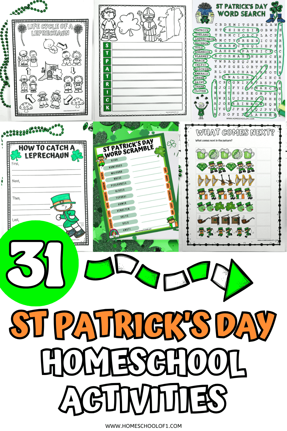 St. Patrick’s Day homeschool activities featuring life cycle of a leprechaun, writing prompts, word search, word scramble, and pattern recognition games.

