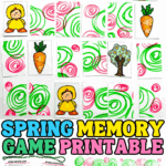 Spring memory game printable cards laid out on a table with colorful swirl backs and matching pairs featuring a bunny, carrot, tree, and child in spring outfits.