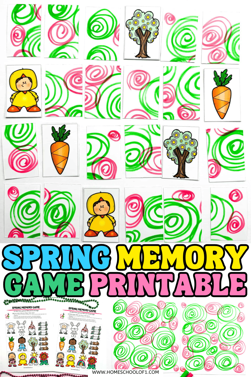 Spring memory game printable cards laid out on a table with colorful swirl backs and matching pairs featuring a bunny, carrot, tree, and child in spring outfits.