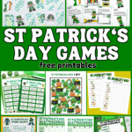 Printable St. Patrick’s Day activities for kids including matching games, clue cards, emoji puzzles, word searches, charades, and Scattergories sheets.