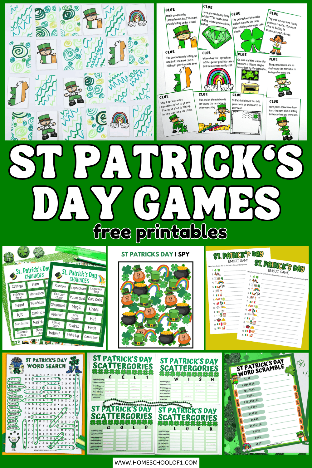 Printable St. Patrick’s Day activities for kids including matching games, clue cards, emoji puzzles, word searches, charades, and Scattergories sheets.


