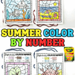 Collage of four summer color by number worksheets, all colored in. Designs include underwater fish, an ice cream, a beach umbrella, a crab, a sailboat, and palm trees. Large colorful text in the center reads "Summer Color By Number" with a Crayola crayon box in the corner.