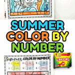 Two summer-themed color-by-number worksheets, each fully or partially colored in. Designs include cartoon-style fish, a beach scene with an umbrella, two leaves, and a smiling crab. A Crayola 24-pack of crayons is shown next to each worksheet, along with decorative beads.