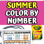 Vertical collage featuring eight color-by-number pages with various summer designs like fish, a crab, a sailboat, sun, and trees. The bottom shows a fully colored underwater fish worksheet, with the Crayola box and color key included. Bold pink banner reads "Summer Color By Number."