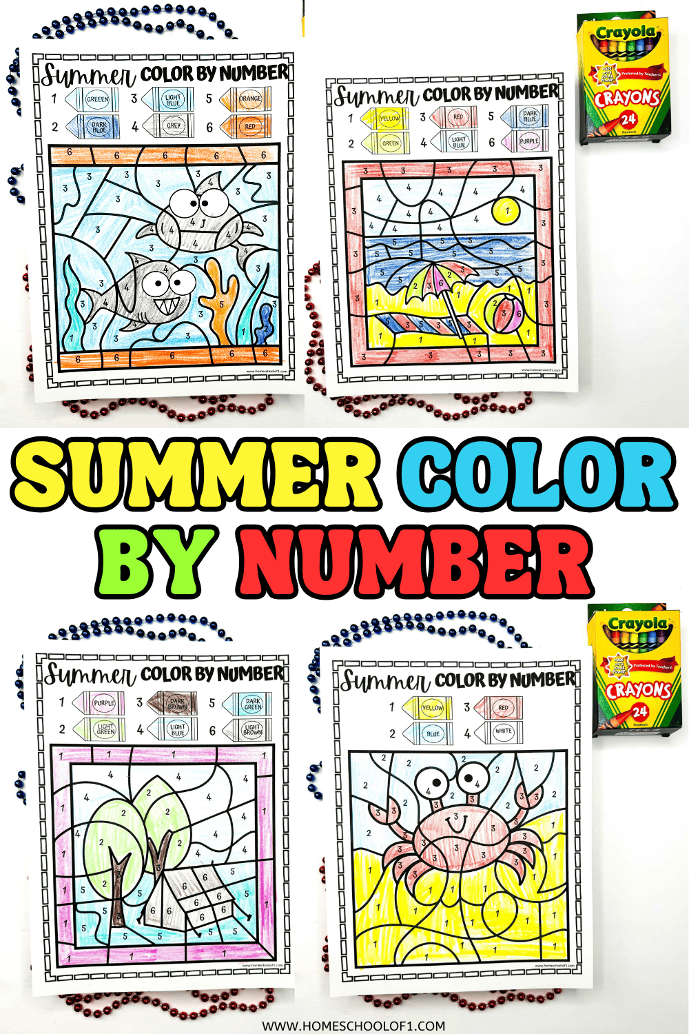Collage of four summer color by number worksheets, all colored in. Designs include underwater fish, an ice cream, a beach umbrella, a crab, a sailboat, and palm trees. Large colorful text in the center reads "Summer Color By Number" with a Crayola crayon box in the corner.