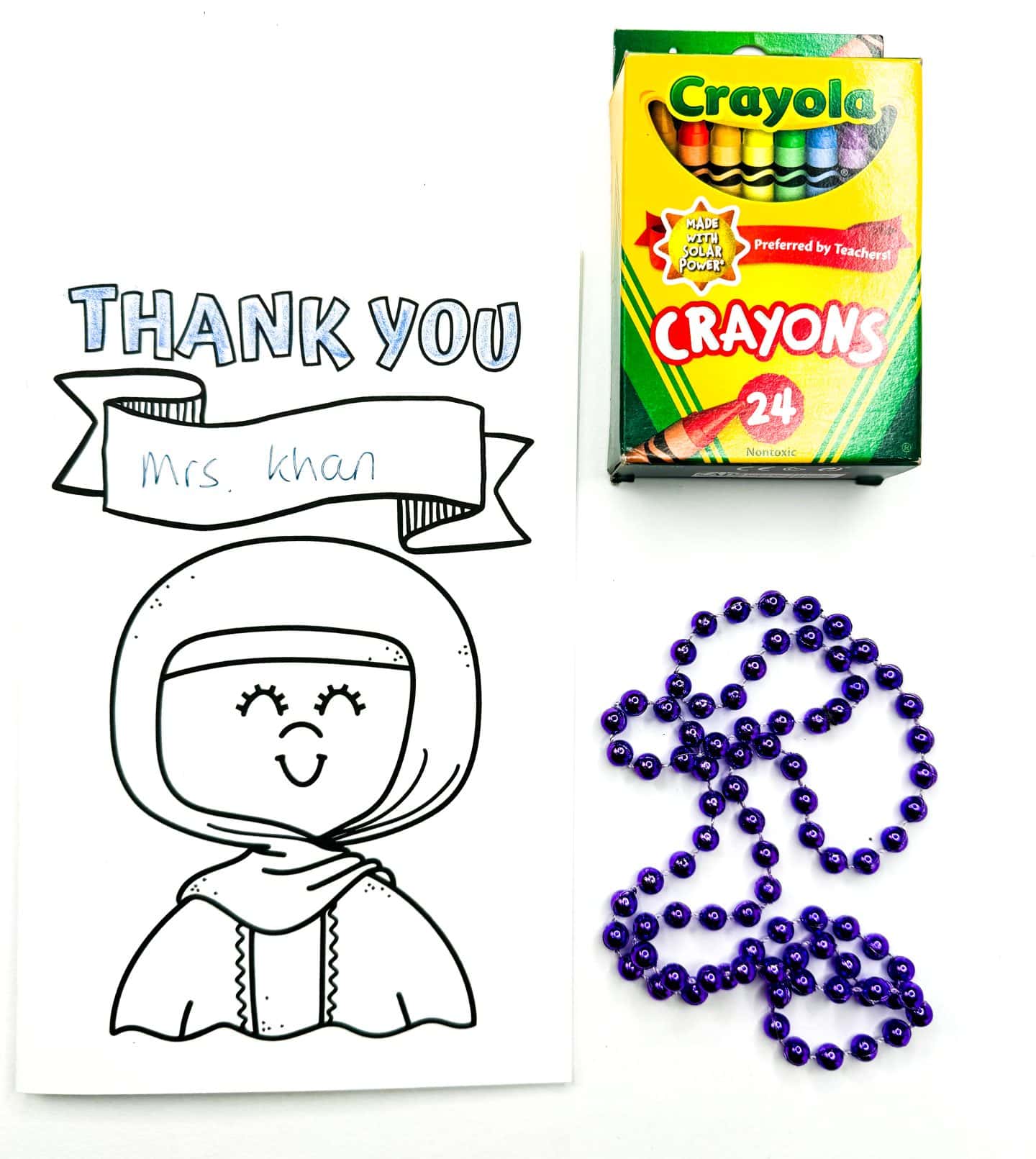 thank you teacher card with a box of crayola crayons