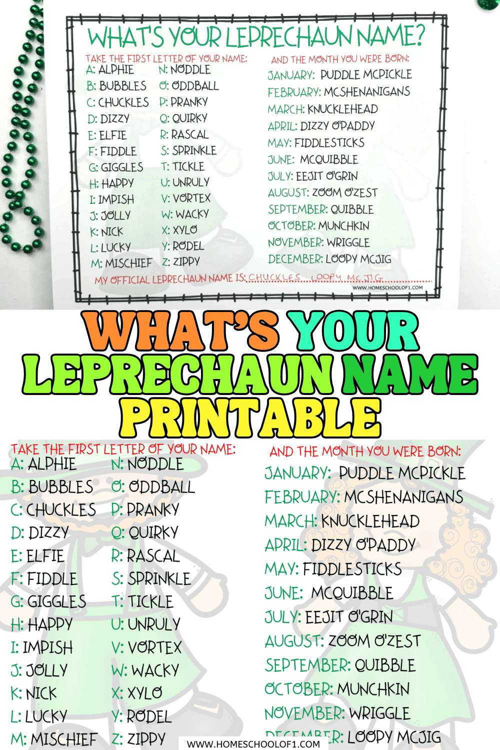 Whatโs your leprechaun name printable with letter chart and birth month chart to create a silly St Patrickโs Day name