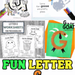 Colorful collage of preschool letter G activities including worksheets, handprint art, and a goat letter craft