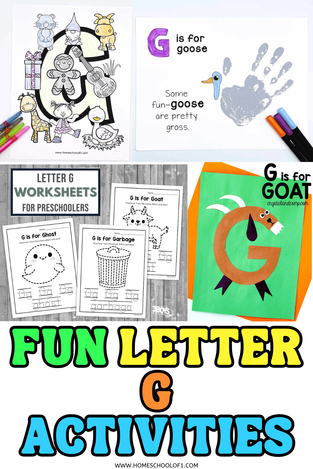 Colorful collage of preschool letter G activities including worksheets, handprint art, and a goat letter craft

